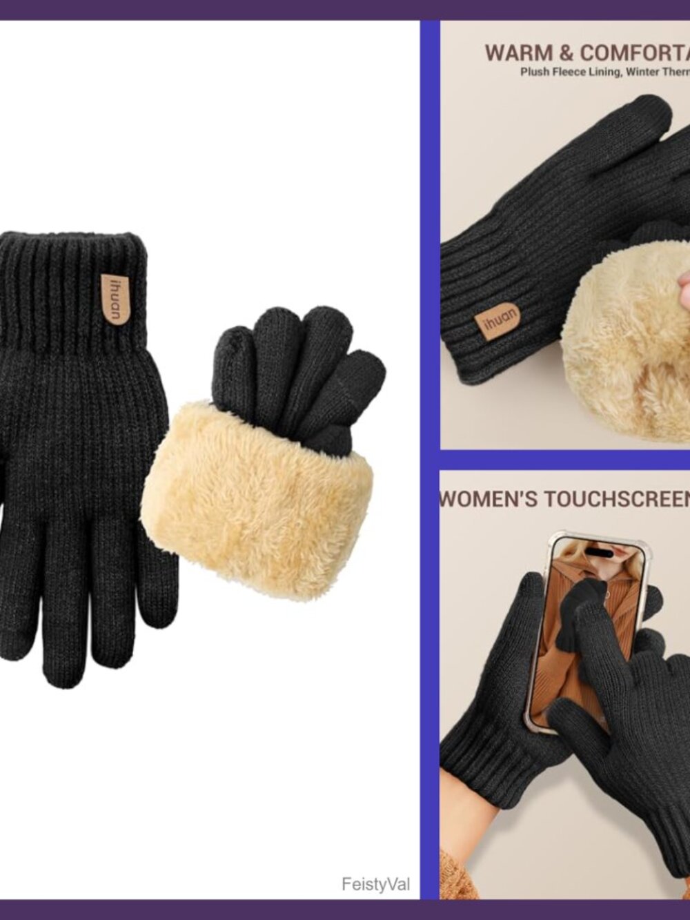 Thermal Knit Winter Gloves Touchscreen Fleece Lined One Size
